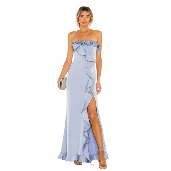 NBD Luna Gown Blue Ruffle with Leg Slit NEW - Picture 1 of 9